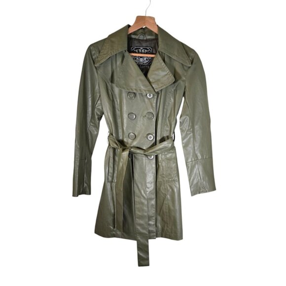 Last Kiss Double Button Rain Coat Size Small Green Belt Classic Preppy - Picture 4 of 9